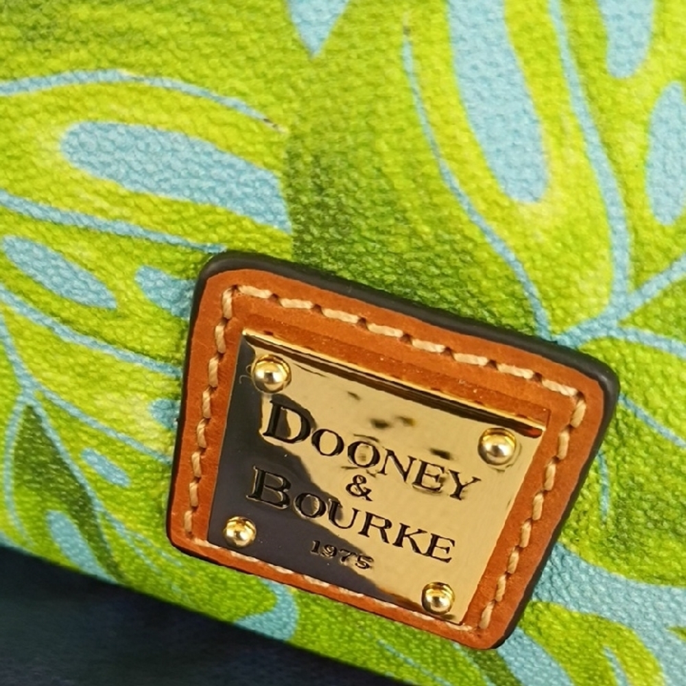 Dooney & Bourke Green and Aqua Tropical Leaf Satchel with Tan Trim - Picture 3 of 4